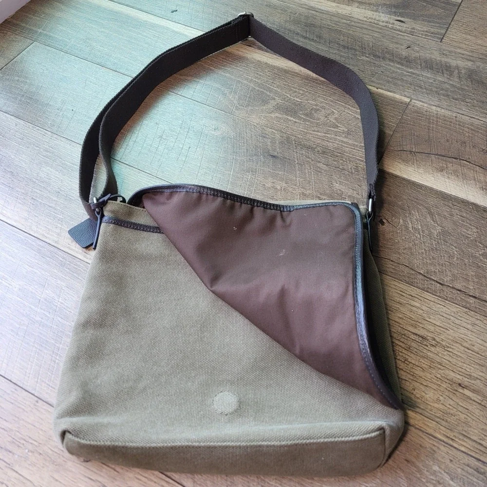 Levenger Olive Green Canvas & Brown Leather Trim Messenger Crossbody Bag